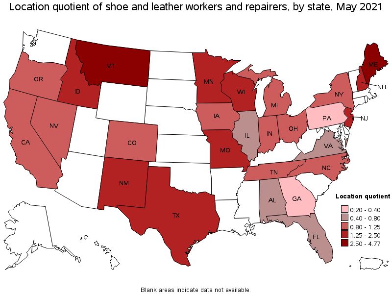 Map of location quotient of shoe and leather workers and repairers by state, May 2021
