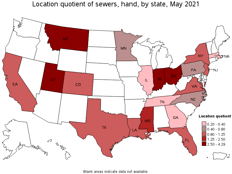 Map of location quotient of sewers, hand by state, May 2021