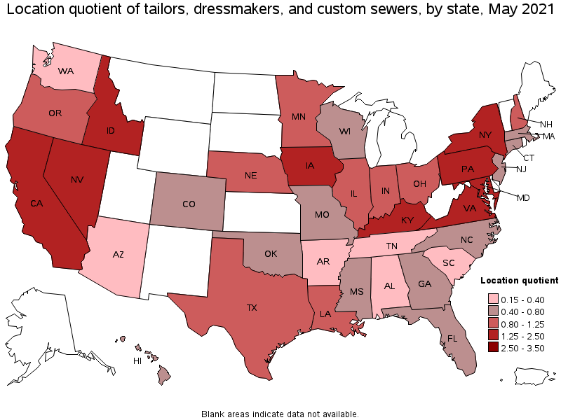 Map of location quotient of tailors, dressmakers, and custom sewers by state, May 2021