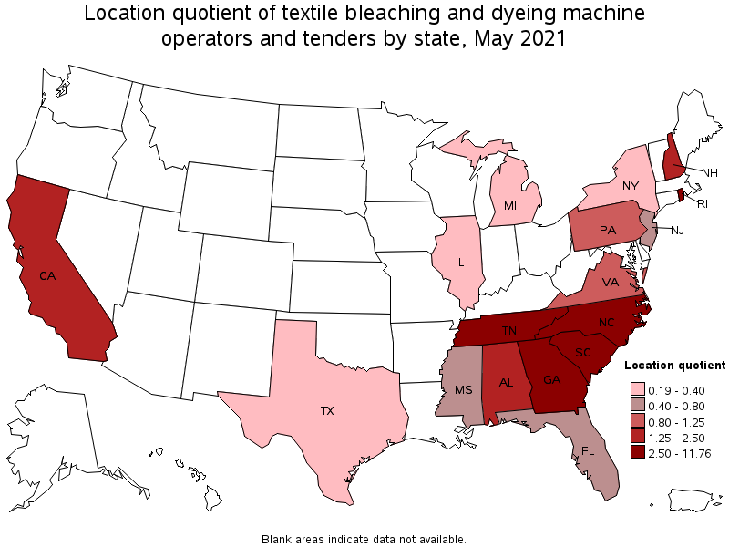 Map of location quotient of textile bleaching and dyeing machine operators and tenders by state, May 2021