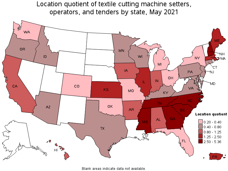 Map of location quotient of textile cutting machine setters, operators, and tenders by state, May 2021