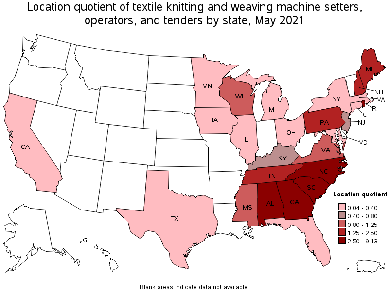 Map of location quotient of textile knitting and weaving machine setters, operators, and tenders by state, May 2021