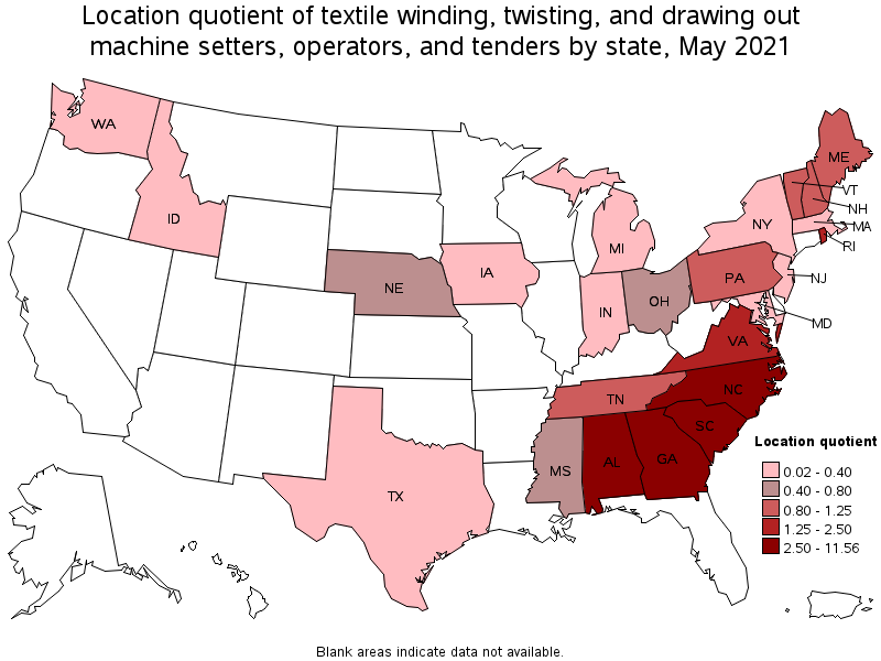 Map of location quotient of textile winding, twisting, and drawing out machine setters, operators, and tenders by state, May 2021