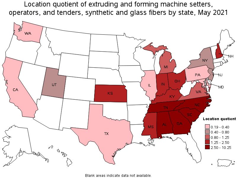 Map of location quotient of extruding and forming machine setters, operators, and tenders, synthetic and glass fibers by state, May 2021