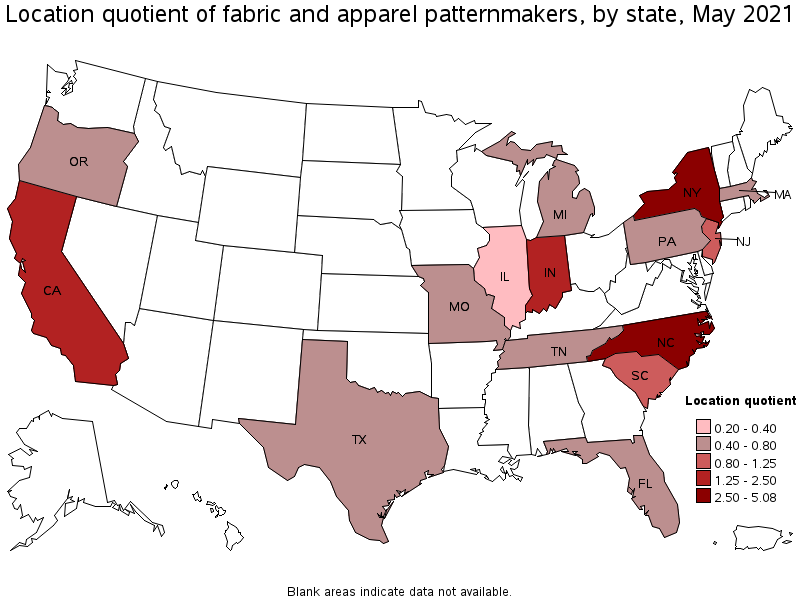 Map of location quotient of fabric and apparel patternmakers by state, May 2021