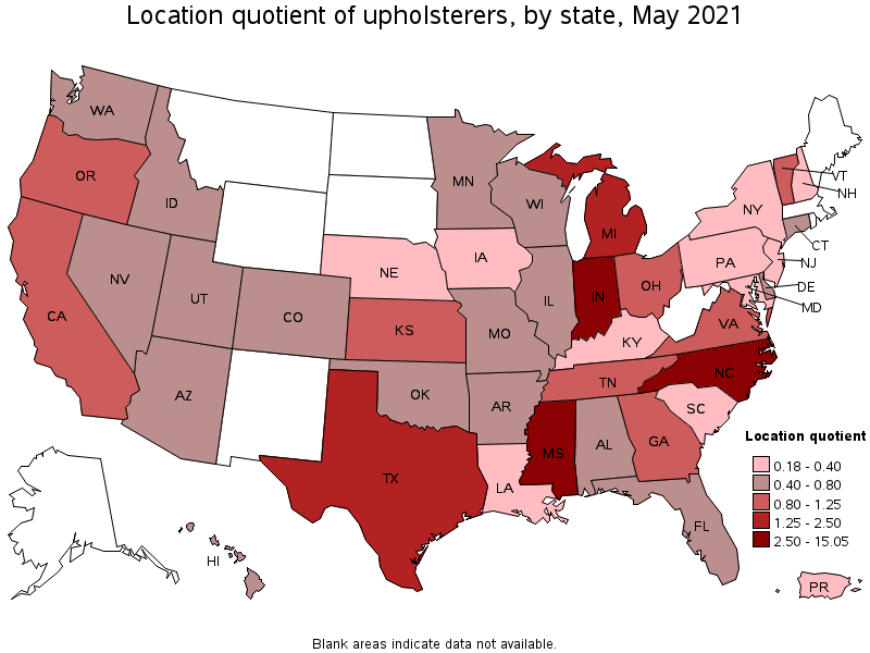 Map of location quotient of upholsterers by state, May 2021