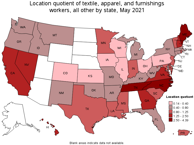 Map of location quotient of textile, apparel, and furnishings workers, all other by state, May 2021