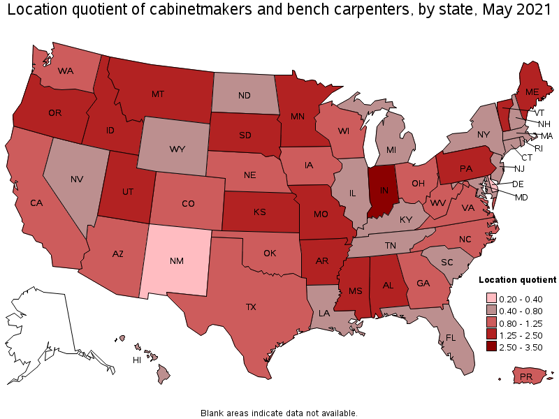 Map of location quotient of cabinetmakers and bench carpenters by state, May 2021