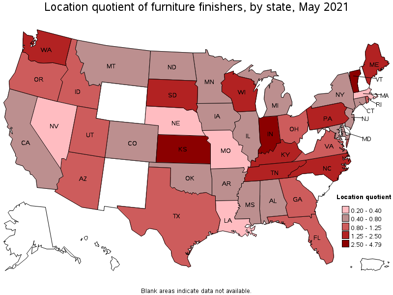 Map of location quotient of furniture finishers by state, May 2021