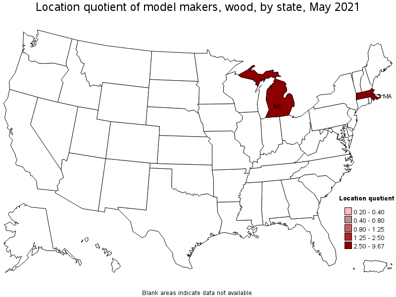 Map of location quotient of model makers, wood by state, May 2021