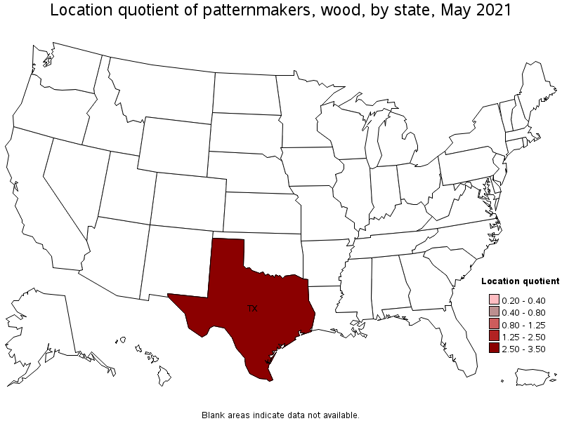 Map of location quotient of patternmakers, wood by state, May 2021
