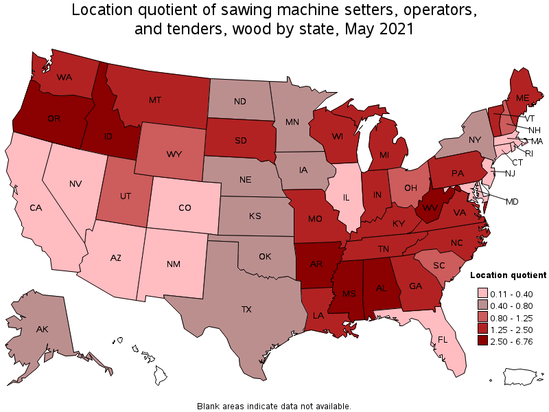 Map of location quotient of sawing machine setters, operators, and tenders, wood by state, May 2021