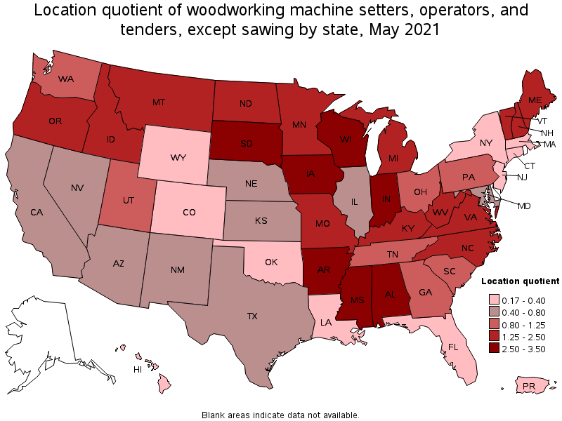Map of location quotient of woodworking machine setters, operators, and tenders, except sawing by state, May 2021
