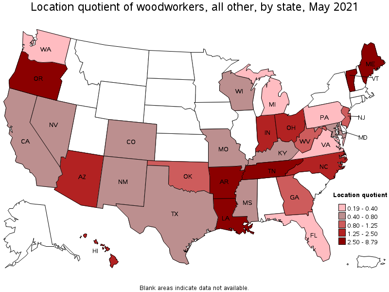 Map of location quotient of woodworkers, all other by state, May 2021