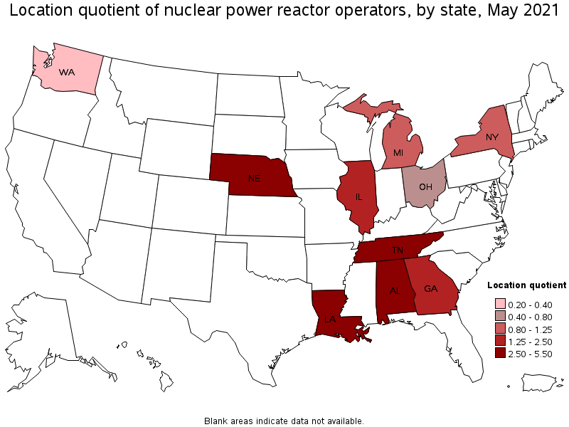 Map of location quotient of nuclear power reactor operators by state, May 2021