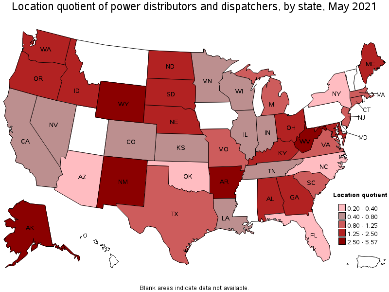 Map of location quotient of power distributors and dispatchers by state, May 2021