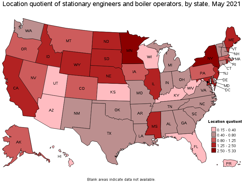 Map of location quotient of stationary engineers and boiler operators by state, May 2021