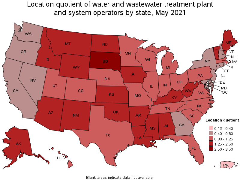 Map of location quotient of water and wastewater treatment plant and system operators by state, May 2021
