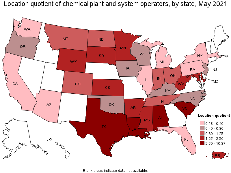 Map of location quotient of chemical plant and system operators by state, May 2021