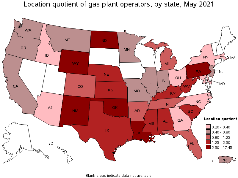 Map of location quotient of gas plant operators by state, May 2021