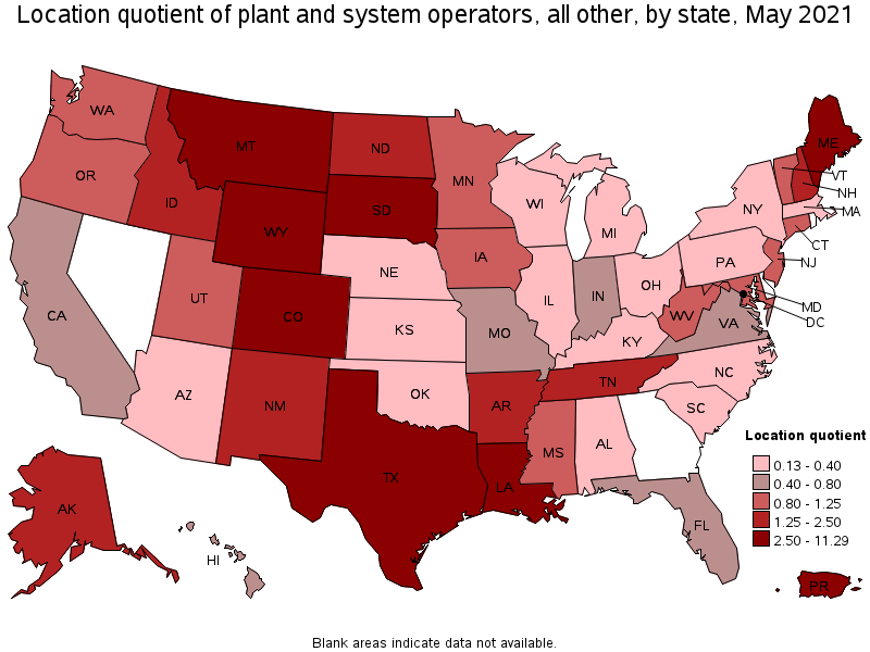 Map of location quotient of plant and system operators, all other by state, May 2021
