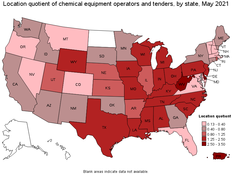 Map of location quotient of chemical equipment operators and tenders by state, May 2021
