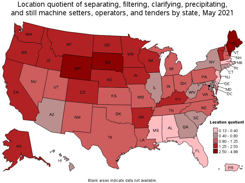 Map of location quotient of separating, filtering, clarifying, precipitating, and still machine setters, operators, and tenders by state, May 2021