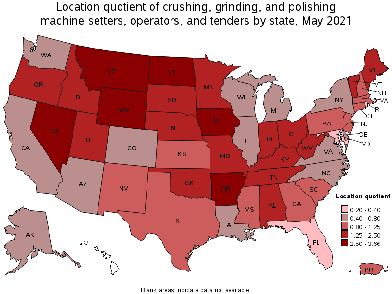 Map of location quotient of crushing, grinding, and polishing machine setters, operators, and tenders by state, May 2021