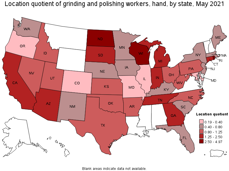 Map of location quotient of grinding and polishing workers, hand by state, May 2021
