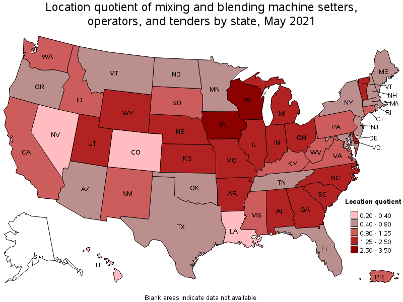 Map of location quotient of mixing and blending machine setters, operators, and tenders by state, May 2021