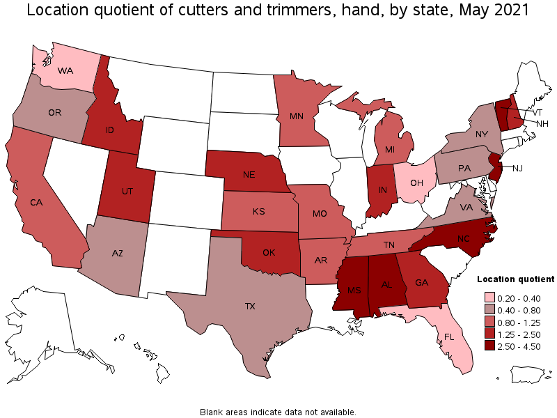 Map of location quotient of cutters and trimmers, hand by state, May 2021