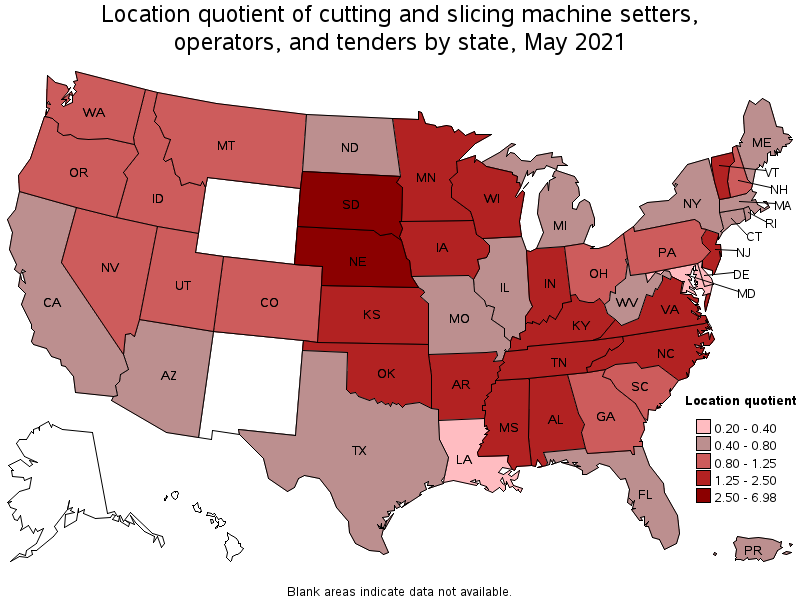 Map of location quotient of cutting and slicing machine setters, operators, and tenders by state, May 2021