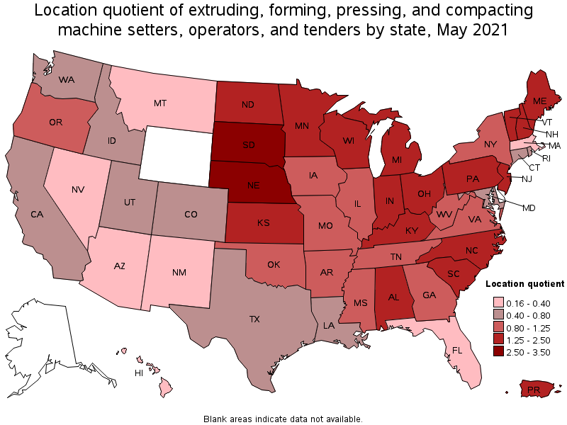 Map of location quotient of extruding, forming, pressing, and compacting machine setters, operators, and tenders by state, May 2021