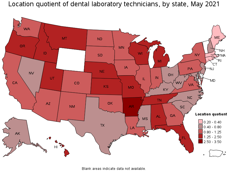 Map of location quotient of dental laboratory technicians by state, May 2021