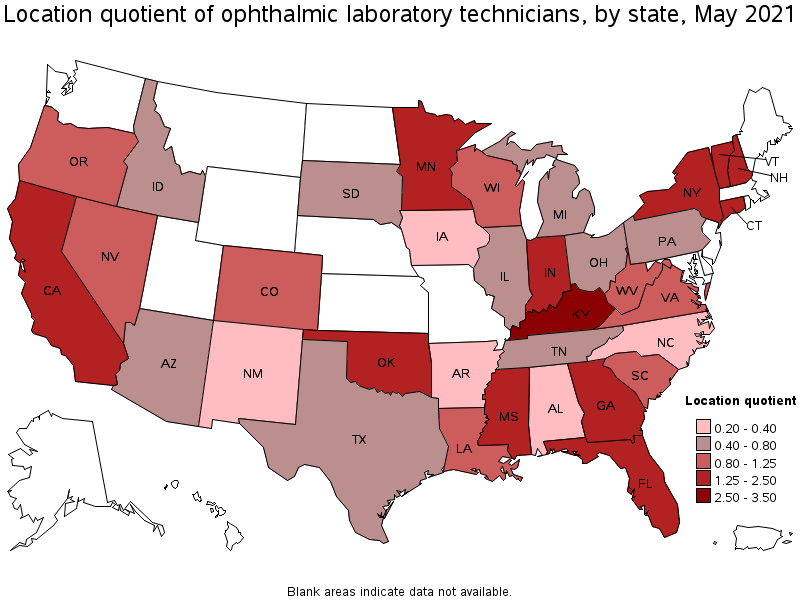 Map of location quotient of ophthalmic laboratory technicians by state, May 2021