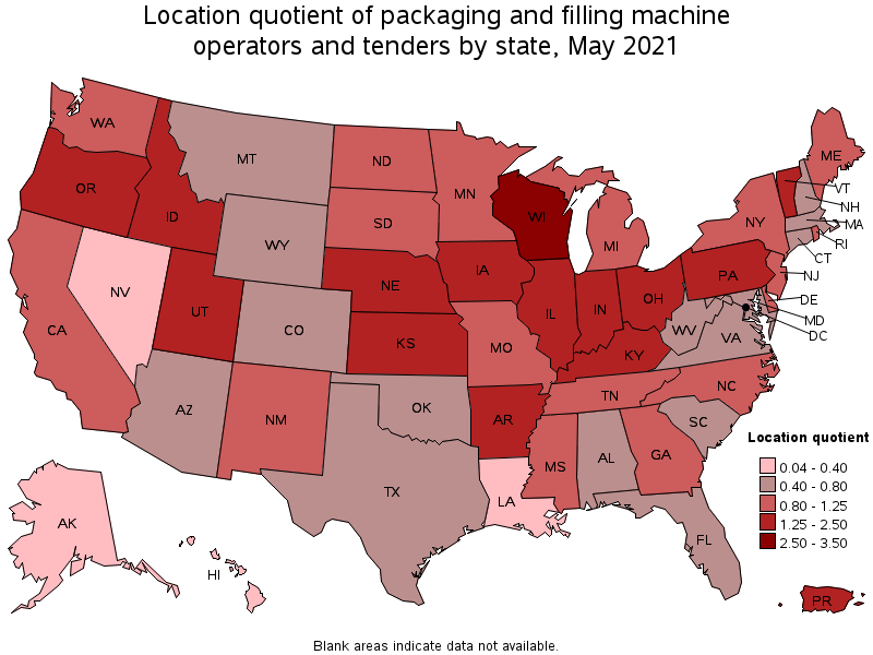 Map of location quotient of packaging and filling machine operators and tenders by state, May 2021