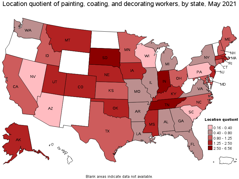Map of location quotient of painting, coating, and decorating workers by state, May 2021