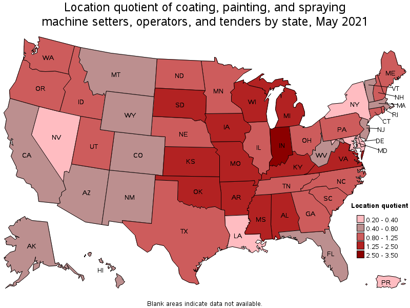 Map of location quotient of coating, painting, and spraying machine setters, operators, and tenders by state, May 2021