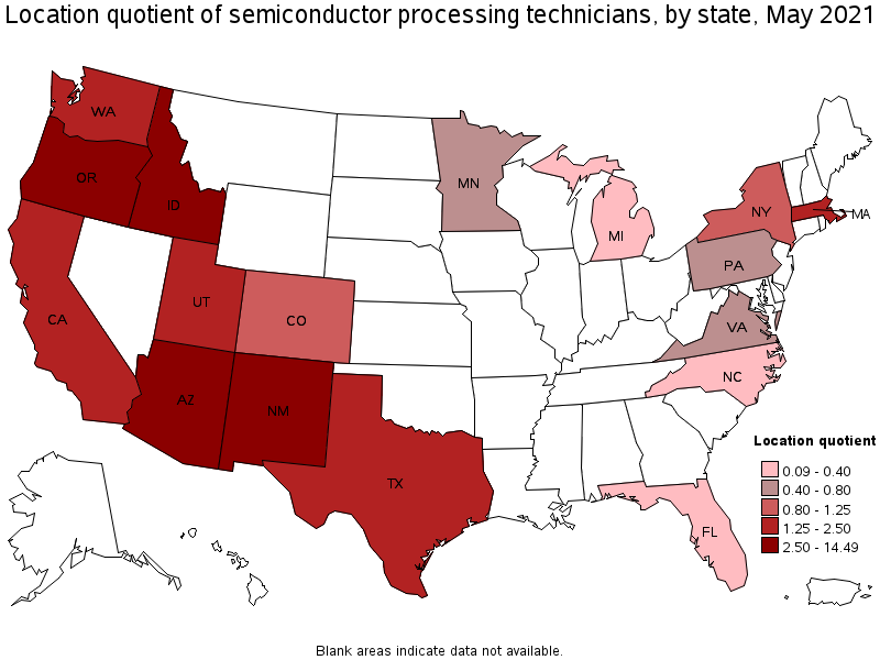 Map of location quotient of semiconductor processing technicians by state, May 2021