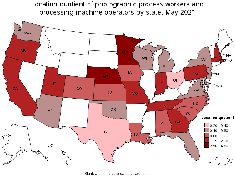 Map of location quotient of photographic process workers and processing machine operators by state, May 2021