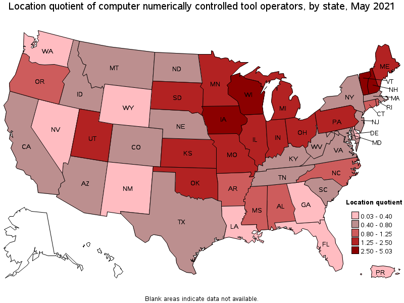 Map of location quotient of computer numerically controlled tool operators by state, May 2021