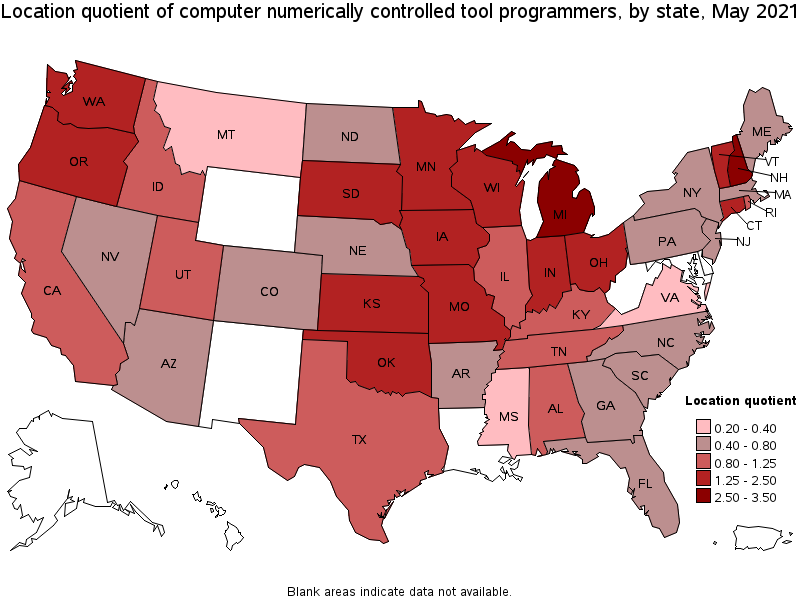 Map of location quotient of computer numerically controlled tool programmers by state, May 2021