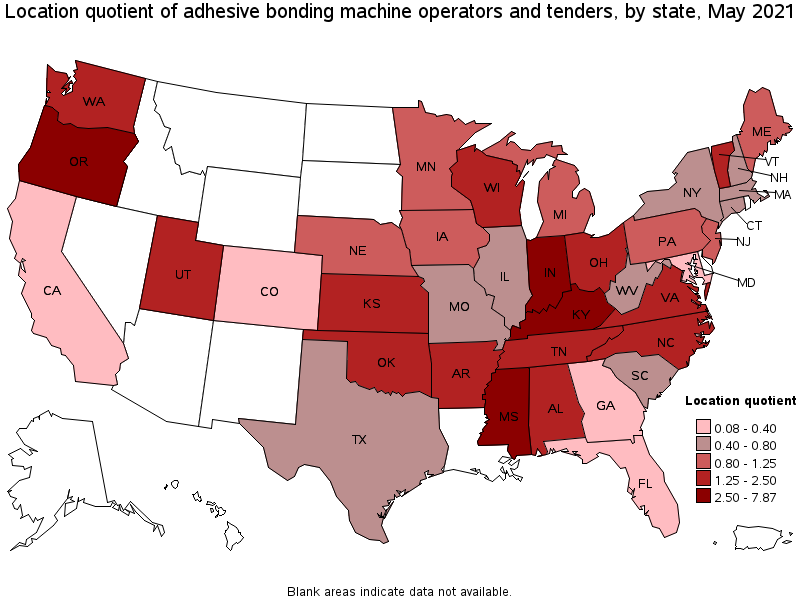 Map of location quotient of adhesive bonding machine operators and tenders by state, May 2021