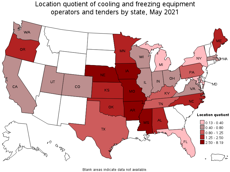 Map of location quotient of cooling and freezing equipment operators and tenders by state, May 2021