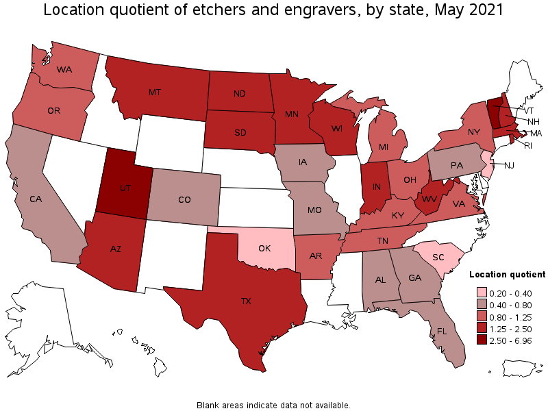 Map of location quotient of etchers and engravers by state, May 2021