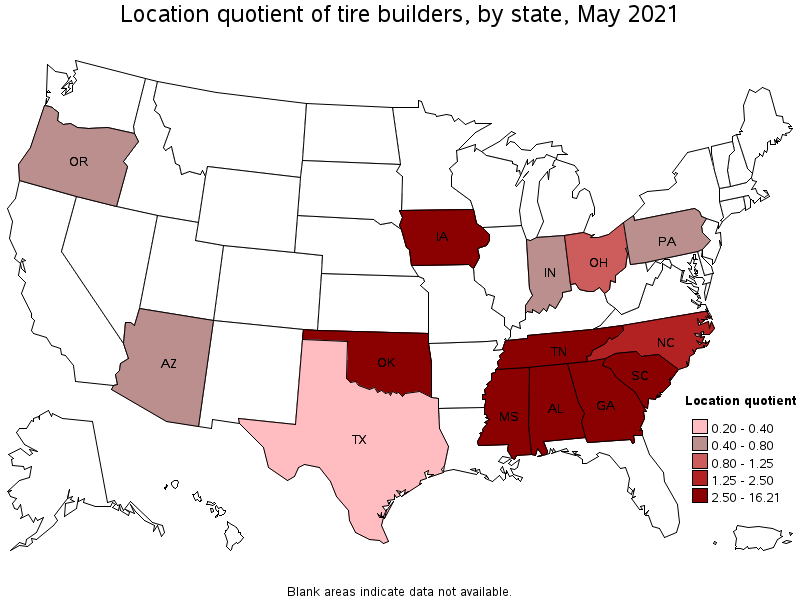 Map of location quotient of tire builders by state, May 2021