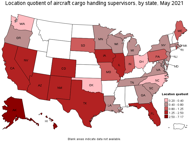 Map of location quotient of aircraft cargo handling supervisors by state, May 2021