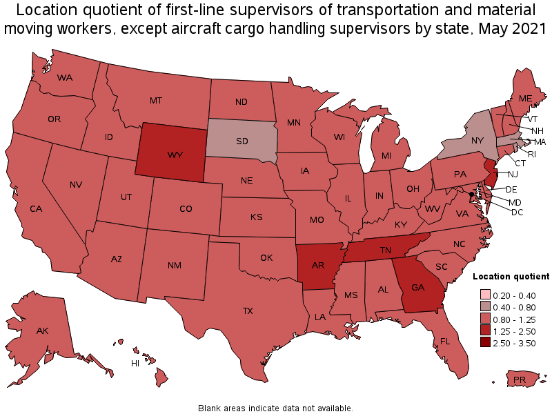 Map of location quotient of first-line supervisors of transportation and material moving workers, except aircraft cargo handling supervisors by state, May 2021