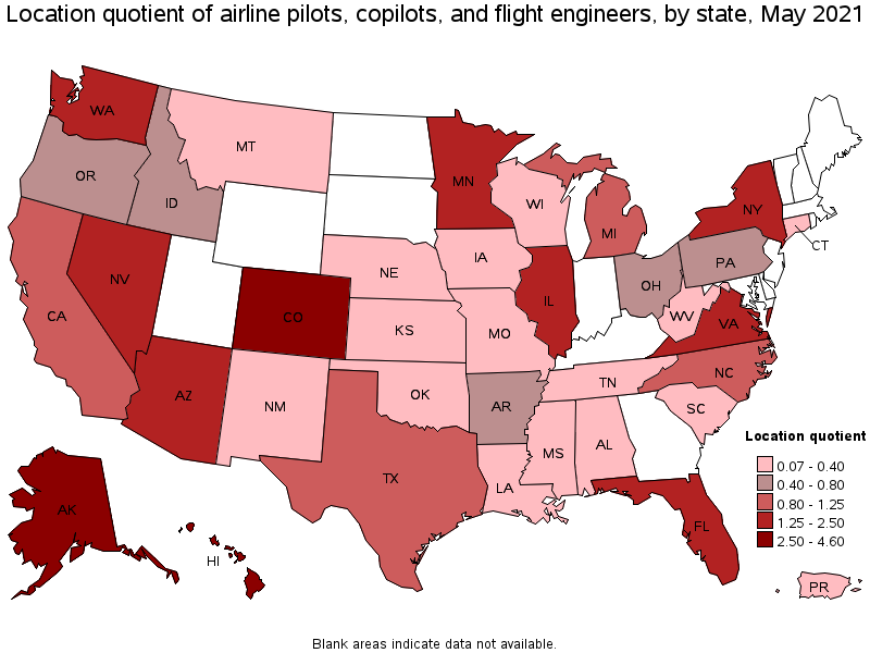 Map of location quotient of airline pilots, copilots, and flight engineers by state, May 2021