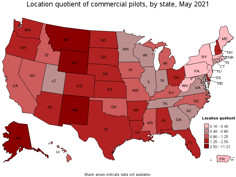 Map of location quotient of commercial pilots by state, May 2021